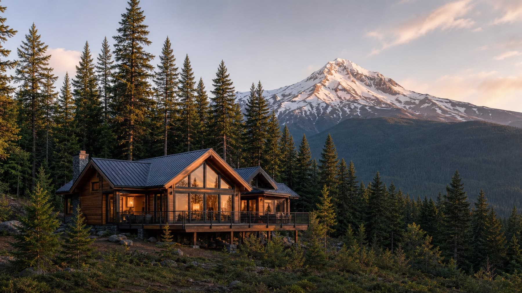 A short-term rental cabin in the Mt. Hood corridor at dusk