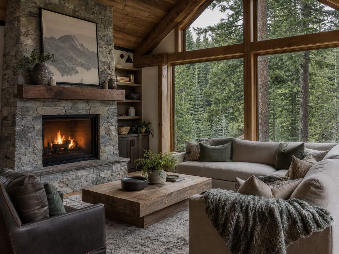 Cozy Mt. Hood cabin living room with stone fireplace